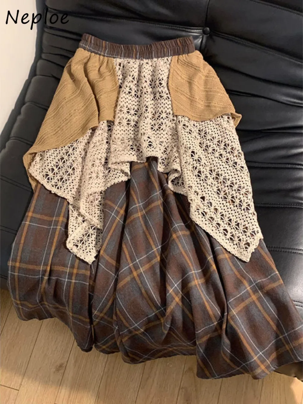 Neploe Harajuku High Waist A-line Mid-length Skirt Irregular Plaid New Korea Vintage Mujer Falda All-match Moda Ball Gown Skirts