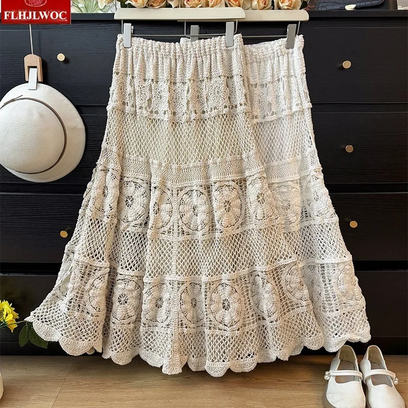 Bohemian Style Long Skirt FLHJLWOC Women's Ethnic Retro Vintage Hollow Out Crochet Knitted Casual A-Line Midi Skirts