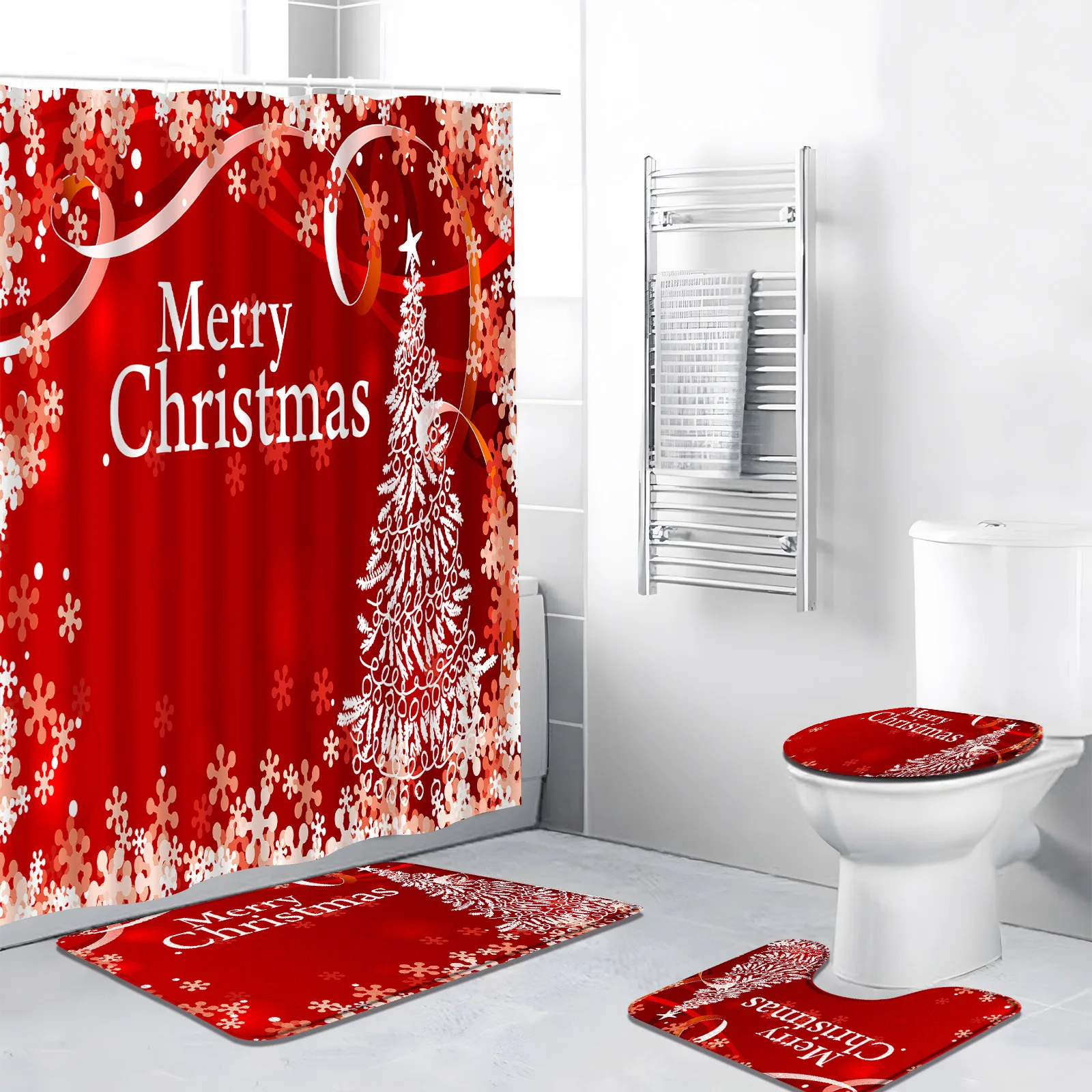 

4pcs Christmas Shower Curtain Set with Rugs Abstract Xmas Tree Snowflower New Year Festive Themed Polyester Bathroom Decor Mat