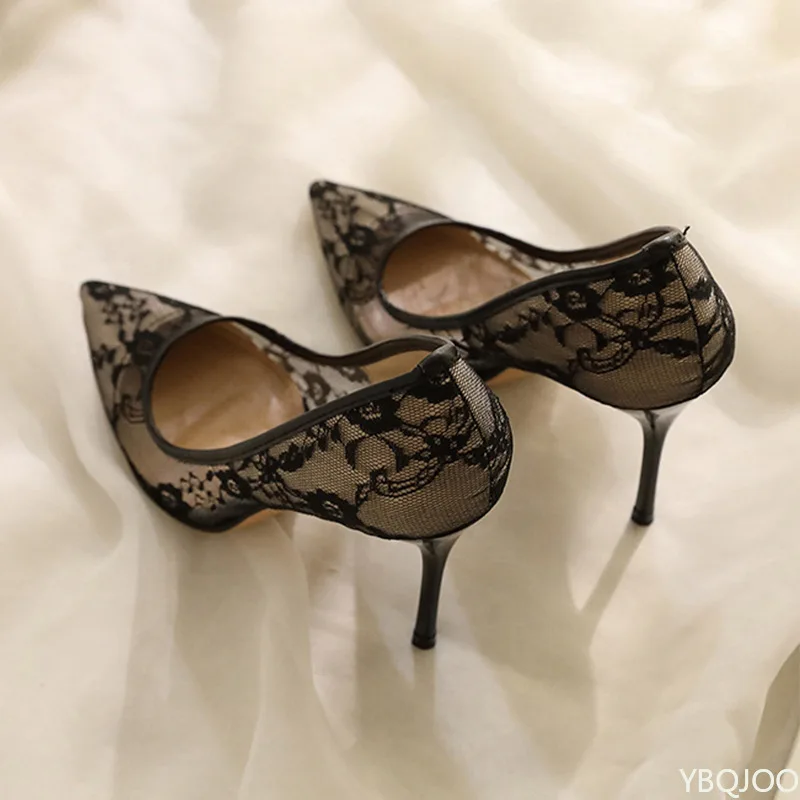 Women\'s Shoes Breathable Lace Mesh Sexy High Heels Design Sense Niche Temperament Pointed Thin Single Shoes Versatile Solid