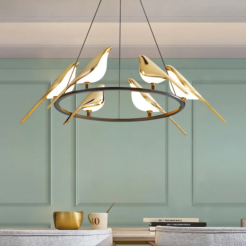 AB D25.6in Acrylic Gold 6 Birds Ring Chandelier Nordic Dining Table Magpie Pendant Modern Designer Living Room Light Middle