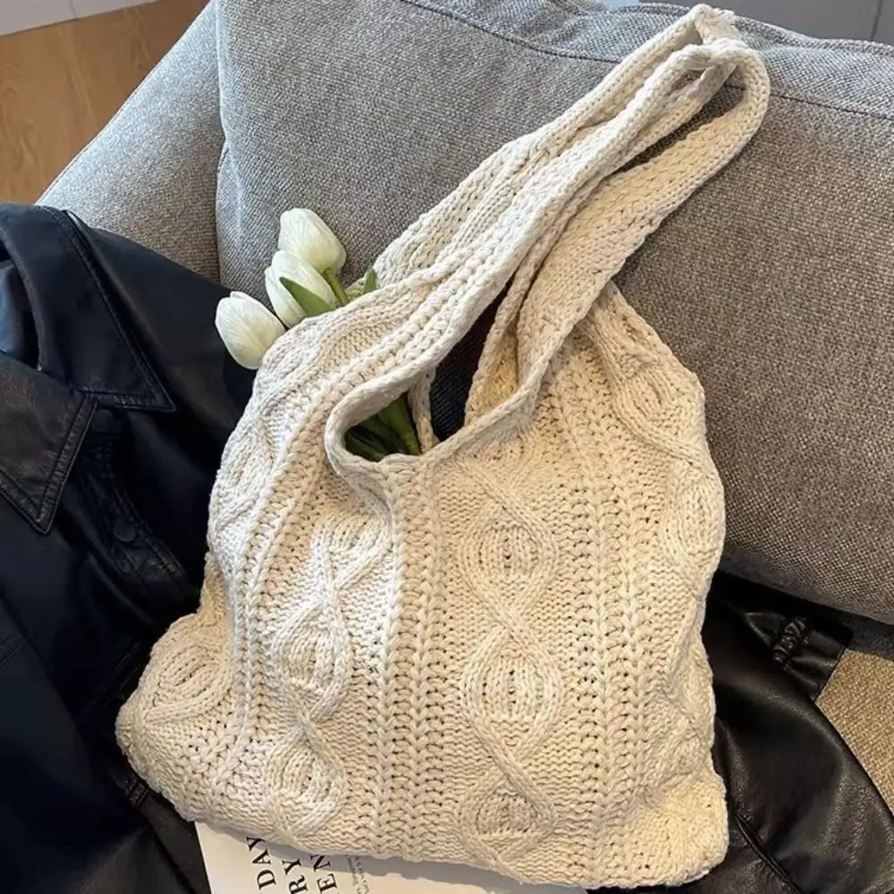 Knitted Braid Crochet Tote Bags Hollow Pattern Solid Color Women's Shoulder Bags Simple Design Hollow Knitted Bags Daily Use