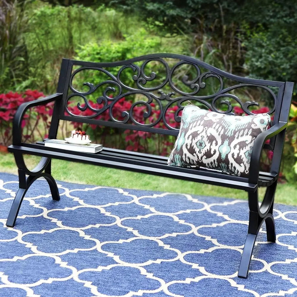 

50-Inch Cast Iron Steel Frame Garden Bench Outdoor Patio Bench Chair W/Floral Design Backrest, Slatted Seat For Park,
