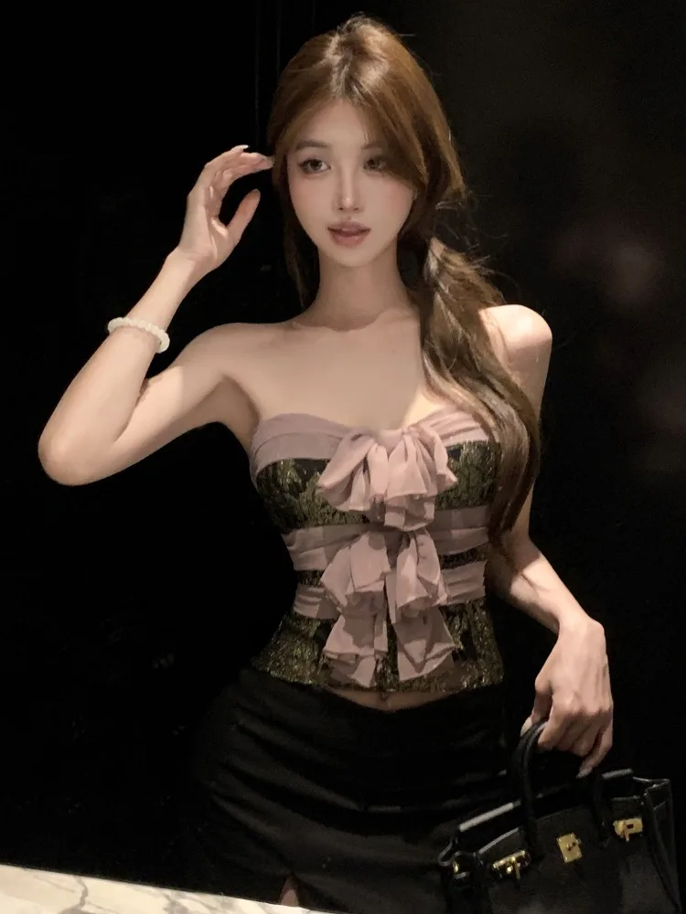 

Retro Spicy Girl Purple Bow Tie Tube Top Black Outerwear Sexy Fashionable Two-Piece Set Women's Korean Style Slim Fit Lace Sp...