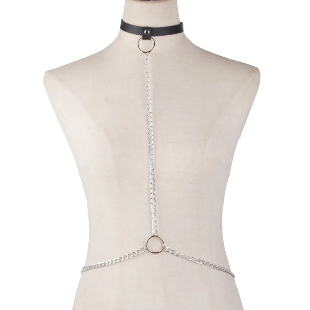 Punk Style O-Ring Body Chain Harness Leather Choker Necklace Connected with Waist Chain for Women Stage Performance Body Jewelry