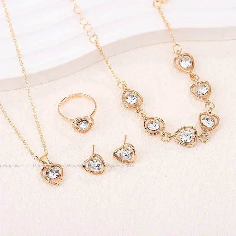 5PCS Set Fashion Elegance Rhinestone Double Heart Gold-Color Heart Shaped Jewelry Set Ring Earrings Necklace For Women Jewelry