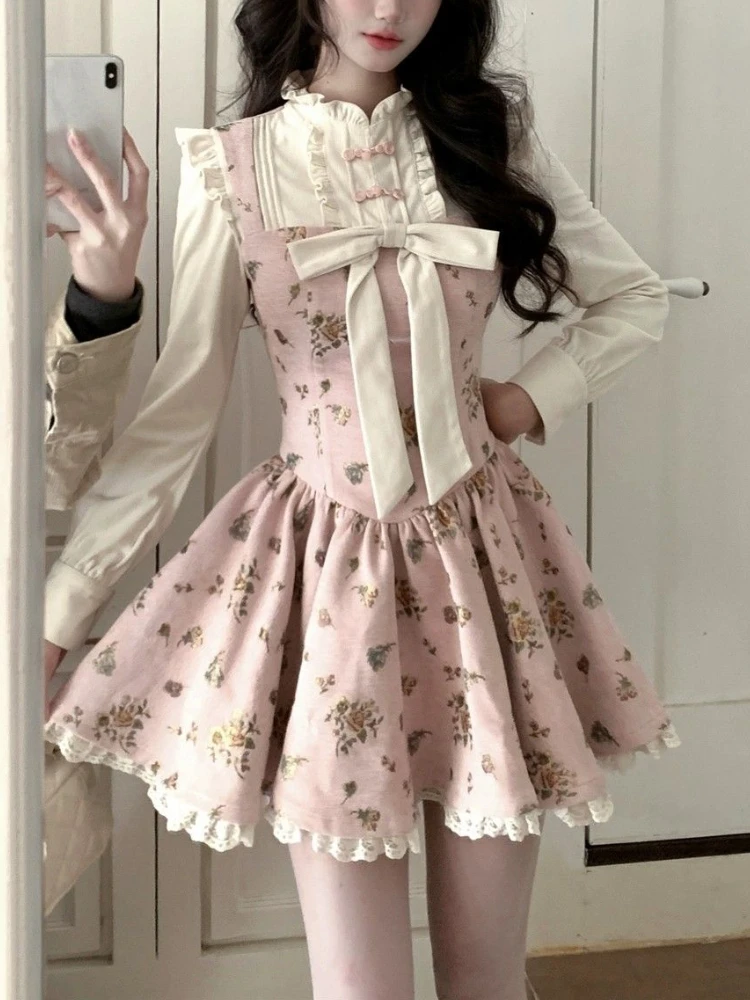 

French Retro Pink Floral Party Dress Women New Spring Bow Design Sweet Princess Slim Dresses Aesthetic Print Casual Clothes 2025