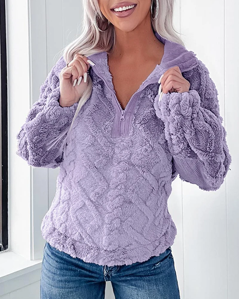 Winter Coat Female Casual Purple Collar Zipper Collar Plush Warm Coat Coral Fleece and Thick Plush Warm Casual Home Jacket