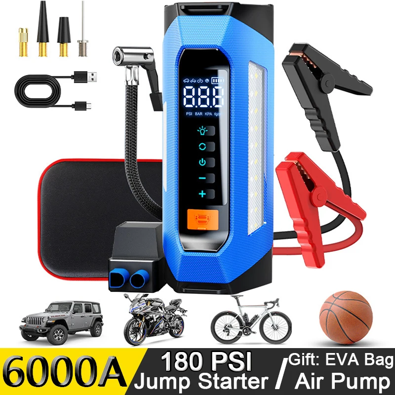 6000a 180 Psi Car Jump Starter Pump Battery Portable Powerbank Tire Capacitor Booster 12v Emergency Jumper With Air Compressor