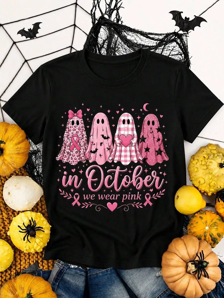 Women's Black T-Shirt, Pink Ghosts In October We Wear Pink Breast Cancer Awareness, Halloween Christmas Hot , Gift For Mom Wife Sister Friend