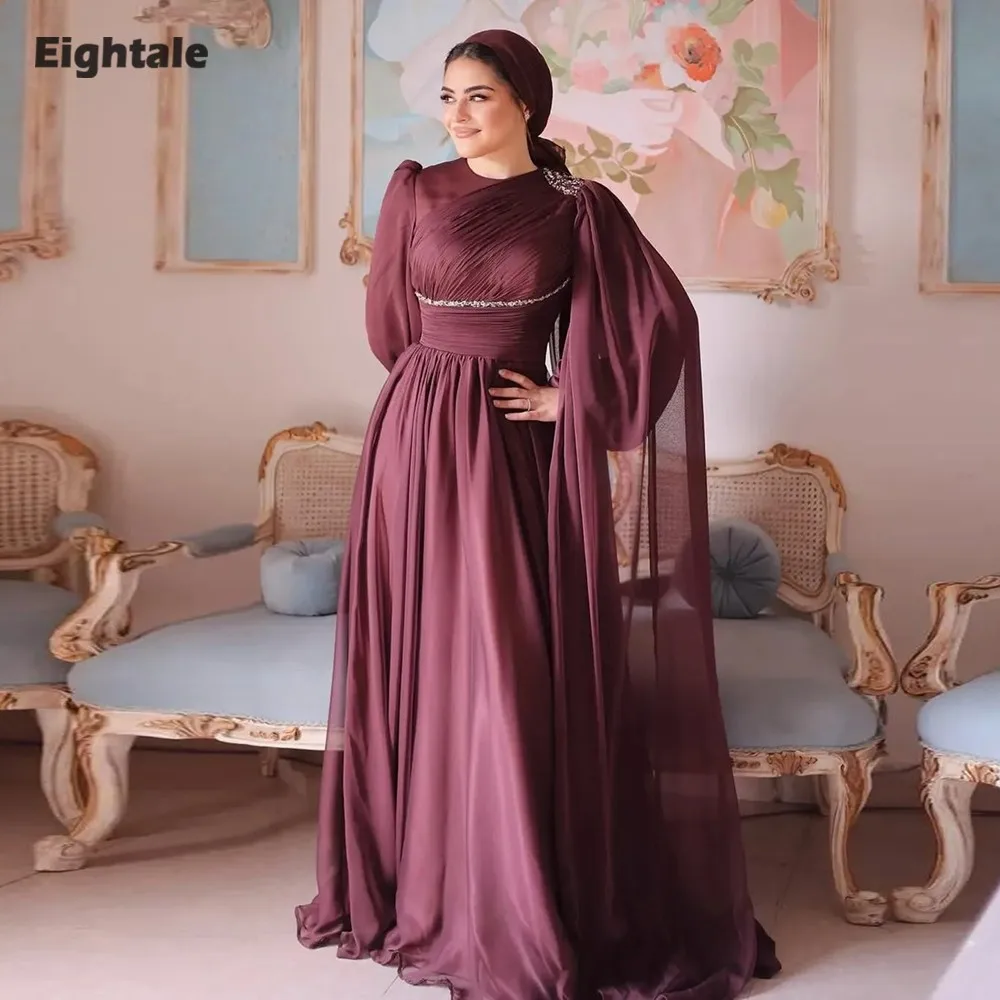 

Eightale Arabic Evening Dress O-Neck Customized Muslim Chiffon Pleated Beaded A-Line Long Sleeves Prom Wedding Party Gown
