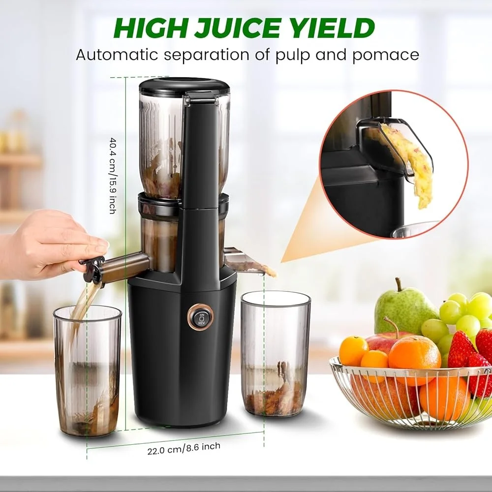 عصارة مضغ بالضغط البارد 250 وات، عصارة بطيئة عالية الكفاءة 4.2 بوصة، شلال تغذية واسعة، سهلة التجميع، مستخرج العصير