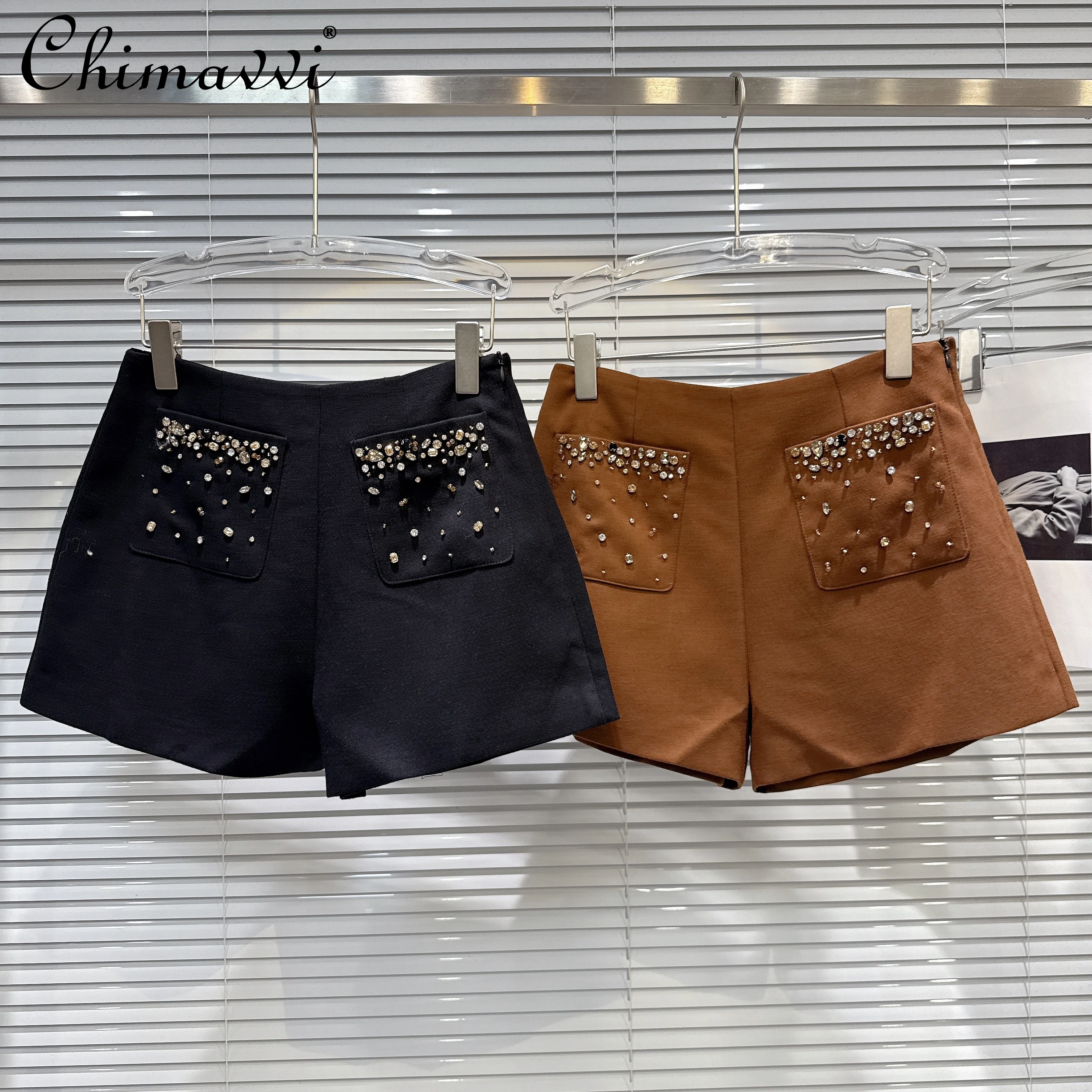 

French Fashion Versatile Sweet Cool Girl Shorts Diamond High Waist Slim Elegant Retro Socialite Suit Short Pants Women Autumn