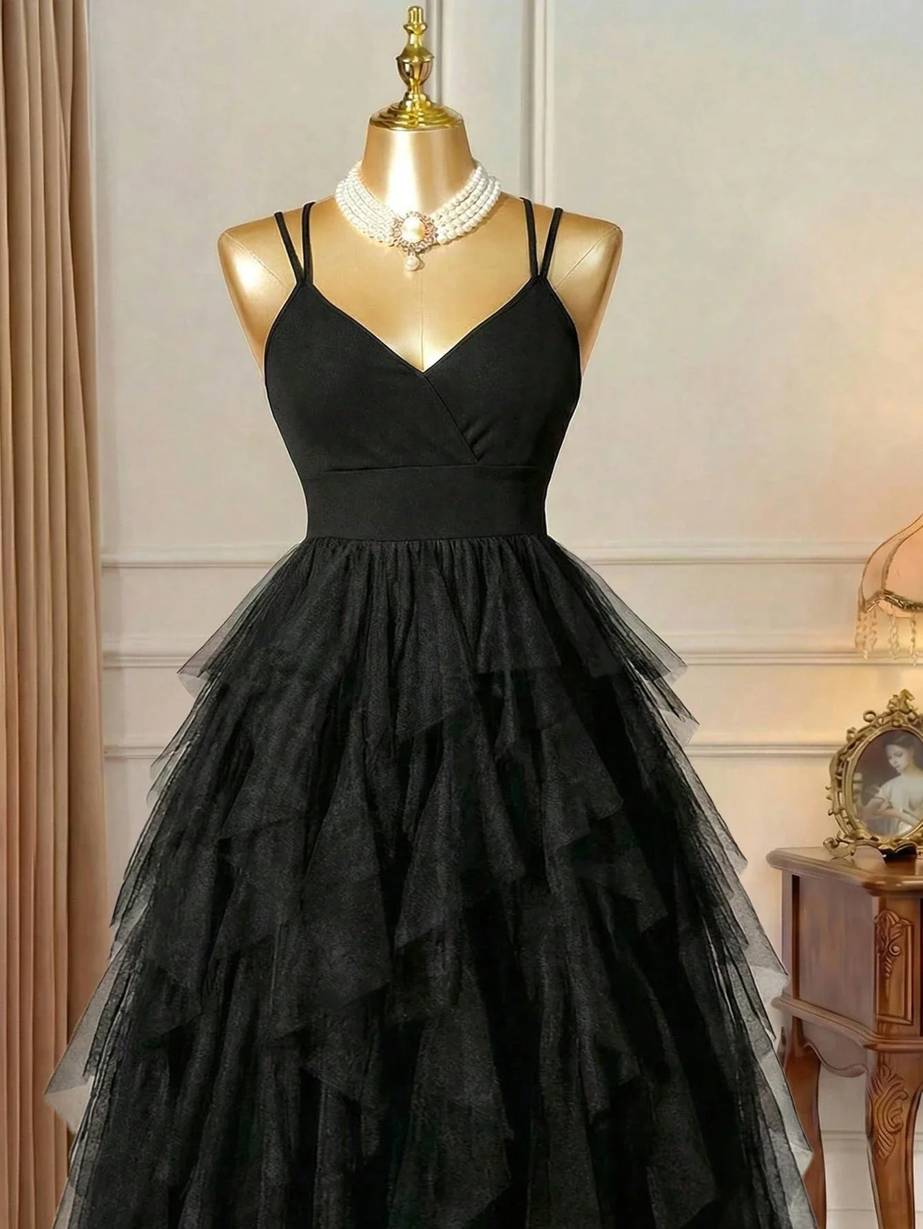 Elegant Black Mesh Ruffle Cami Dress For Wedding Guest Special Occasion