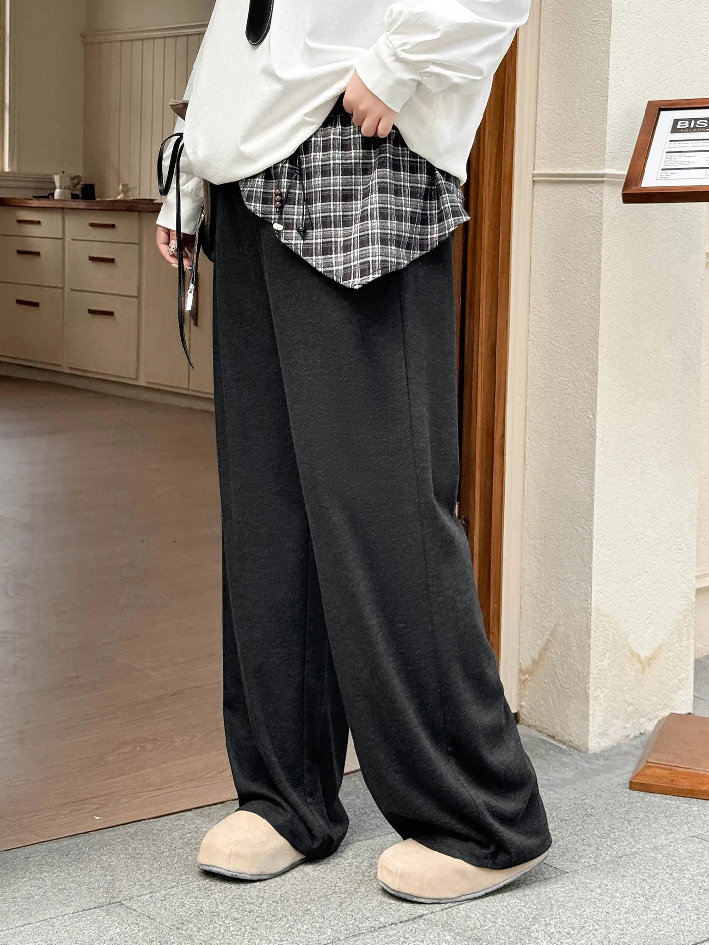 

plus Size Women's Casual Pants High Waist Patchwork Flannel Plaid Wide Leg Spring Fashion Miss38 Polyester Fiber Straight Tube