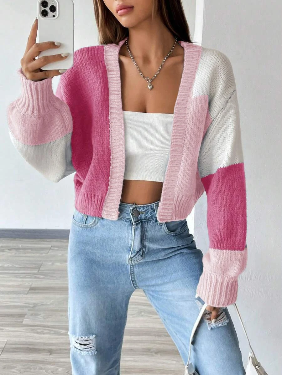 Color Block Open Front Knit Cardigan Casual Lantern Sleeve Crop Sweater Women\'s Clothing