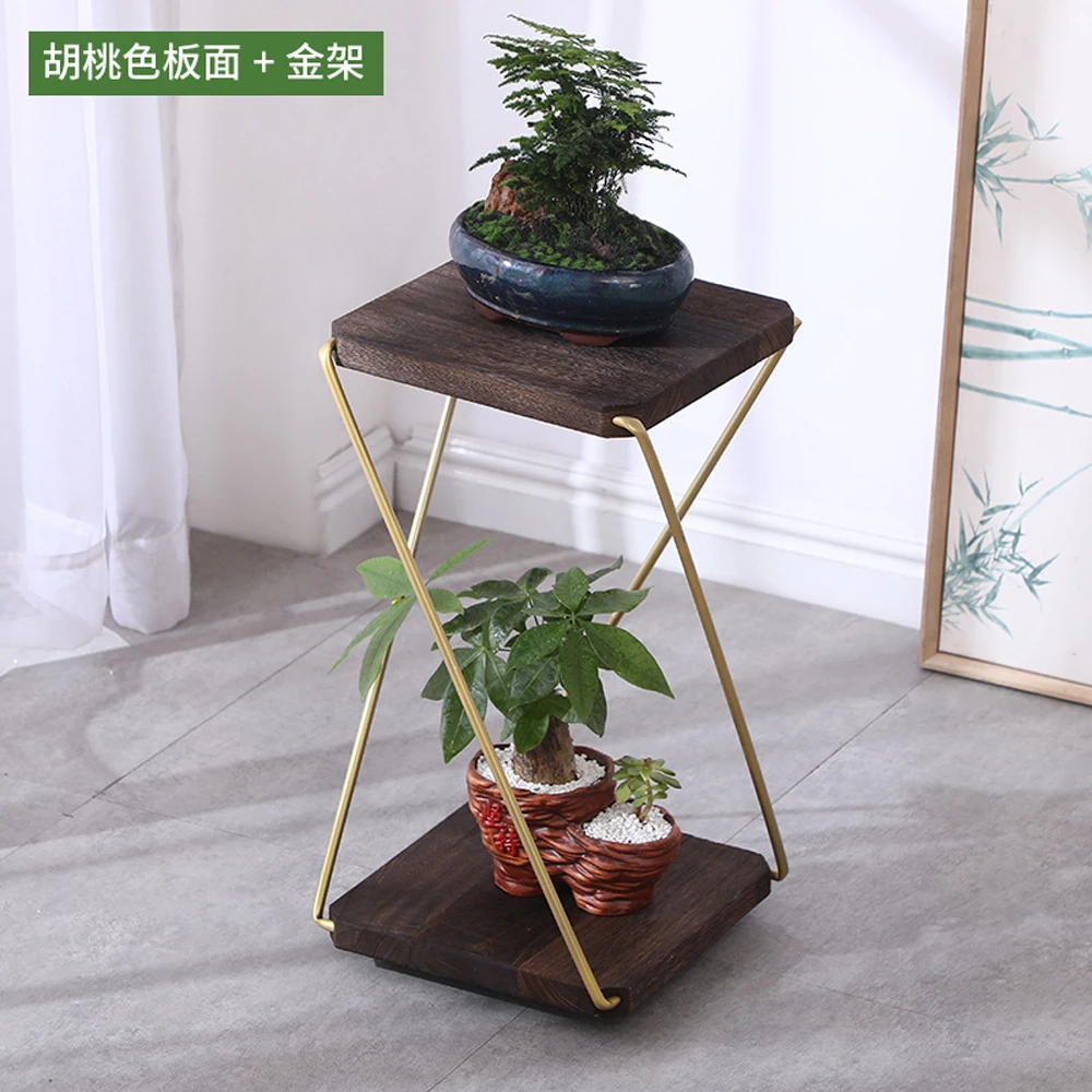 Iron Flower Rack, Wooden Shelf, Balcony, Minimalist Floor Standing Plant Rack, Indoor Living Room, Double Layer Succulent Potted