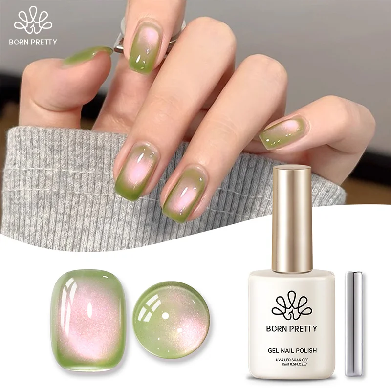 BORN PRETTY 10ml/15ml Guava Green Cat Magnetic Gel Shine  Glitter Semi Permanent Soak Off UV Varnish Nail Supplies