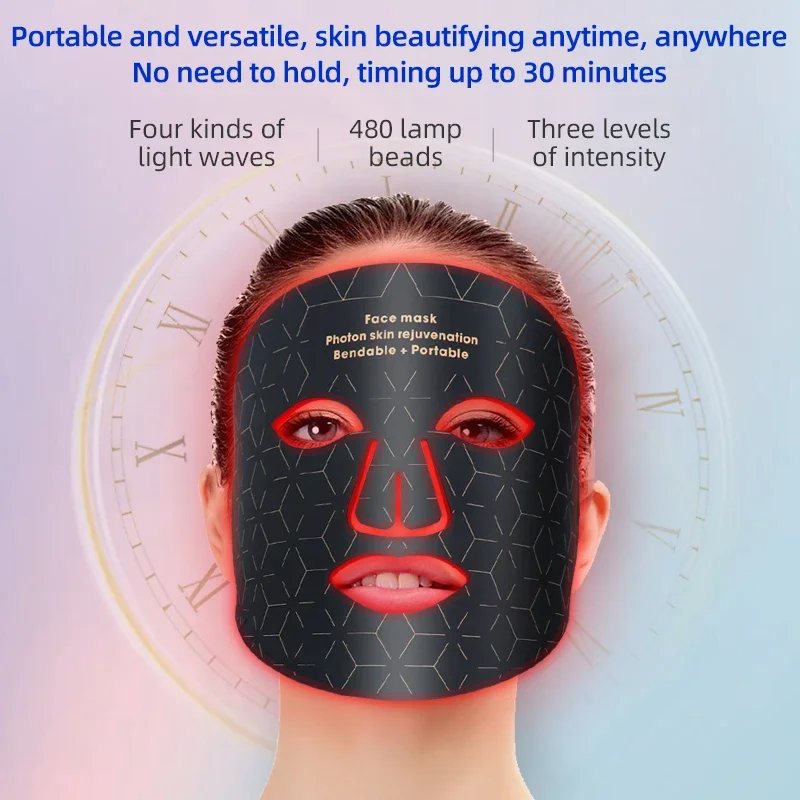 Wireless 3D Silicone LED Face Neck Mask with 480 Lamp Beads Infrared Light Photon Mask Skin Rejuvenation Anti-Ance Shrink Pores