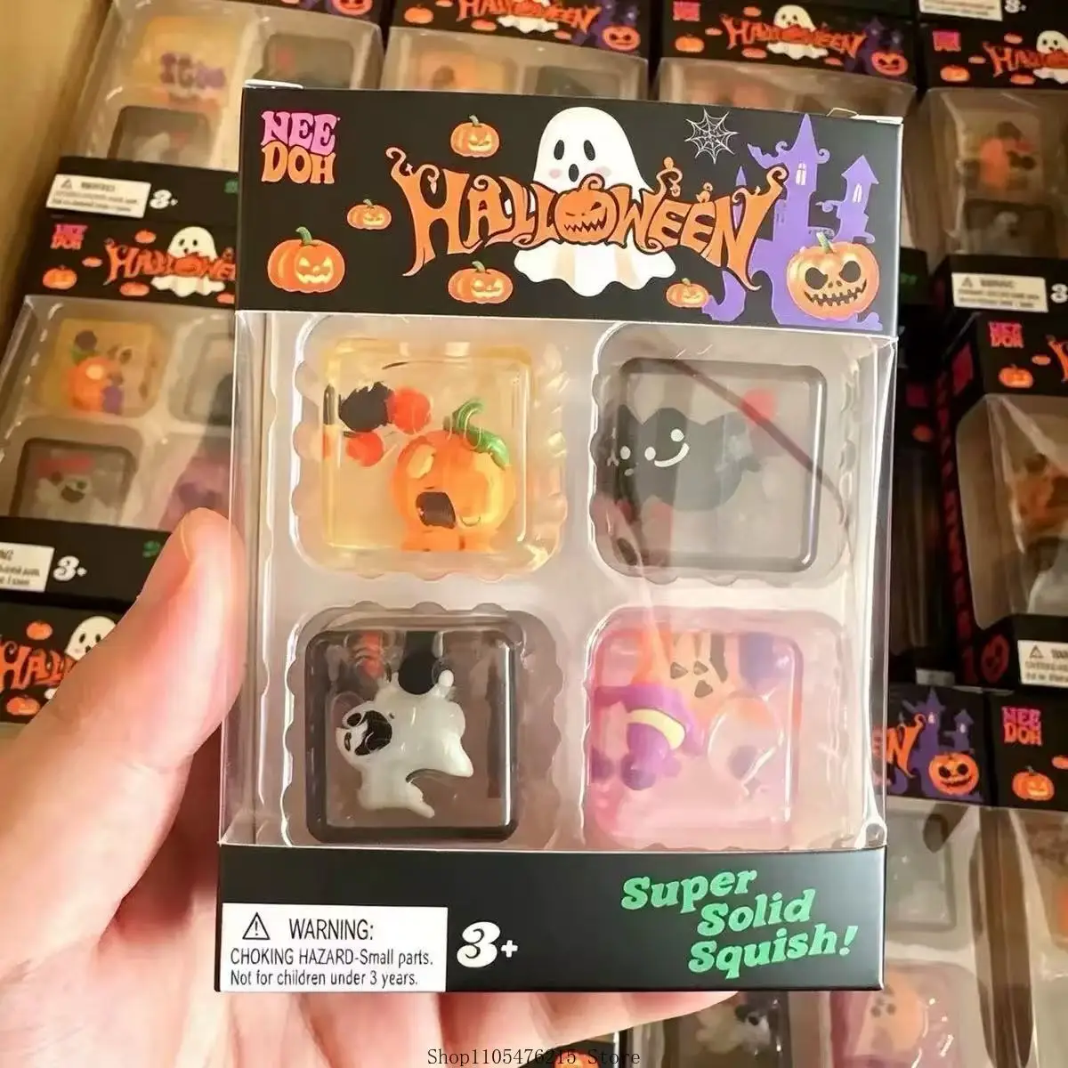 NeeDoh Halloween 4 Pack Squishy Toy Transparent Cube Ghost Pumpkin Bat Witch Squeeze Fidget Toy Stress Relief