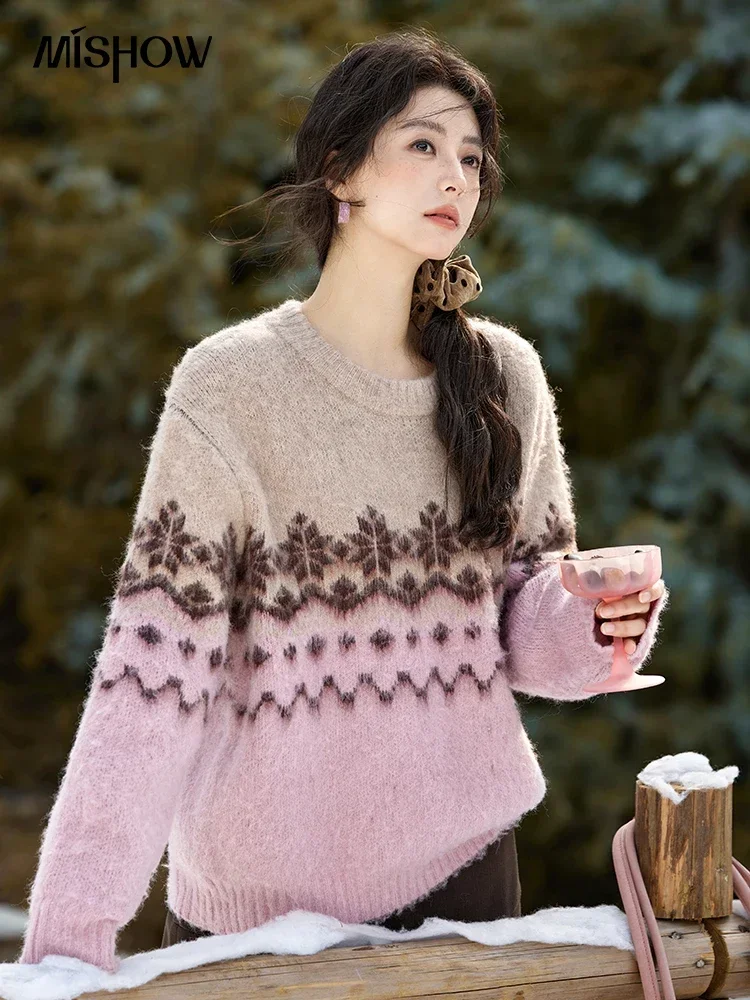 MISHOW Wool Yarn Brocade Sweater Fair Island Pattern Design O-Neck Color Clash Pullover Thick Warm Knitted Tops MXD57Z1089