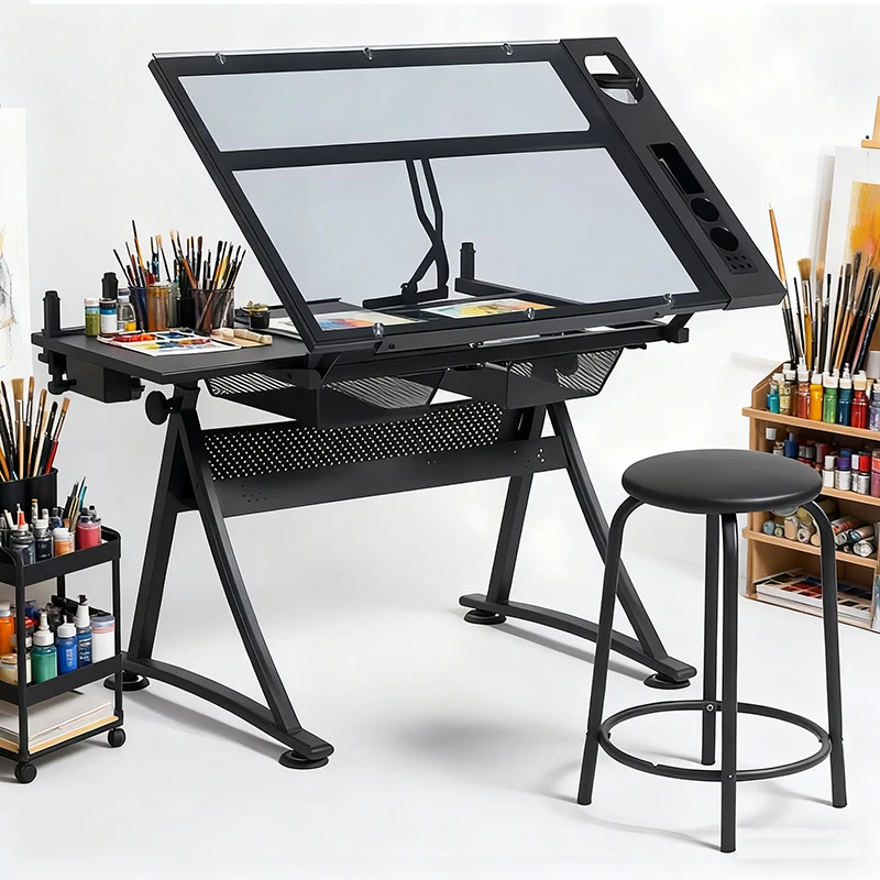 Architect's painting table, professional painting table, and school adjustable angle glass chairs