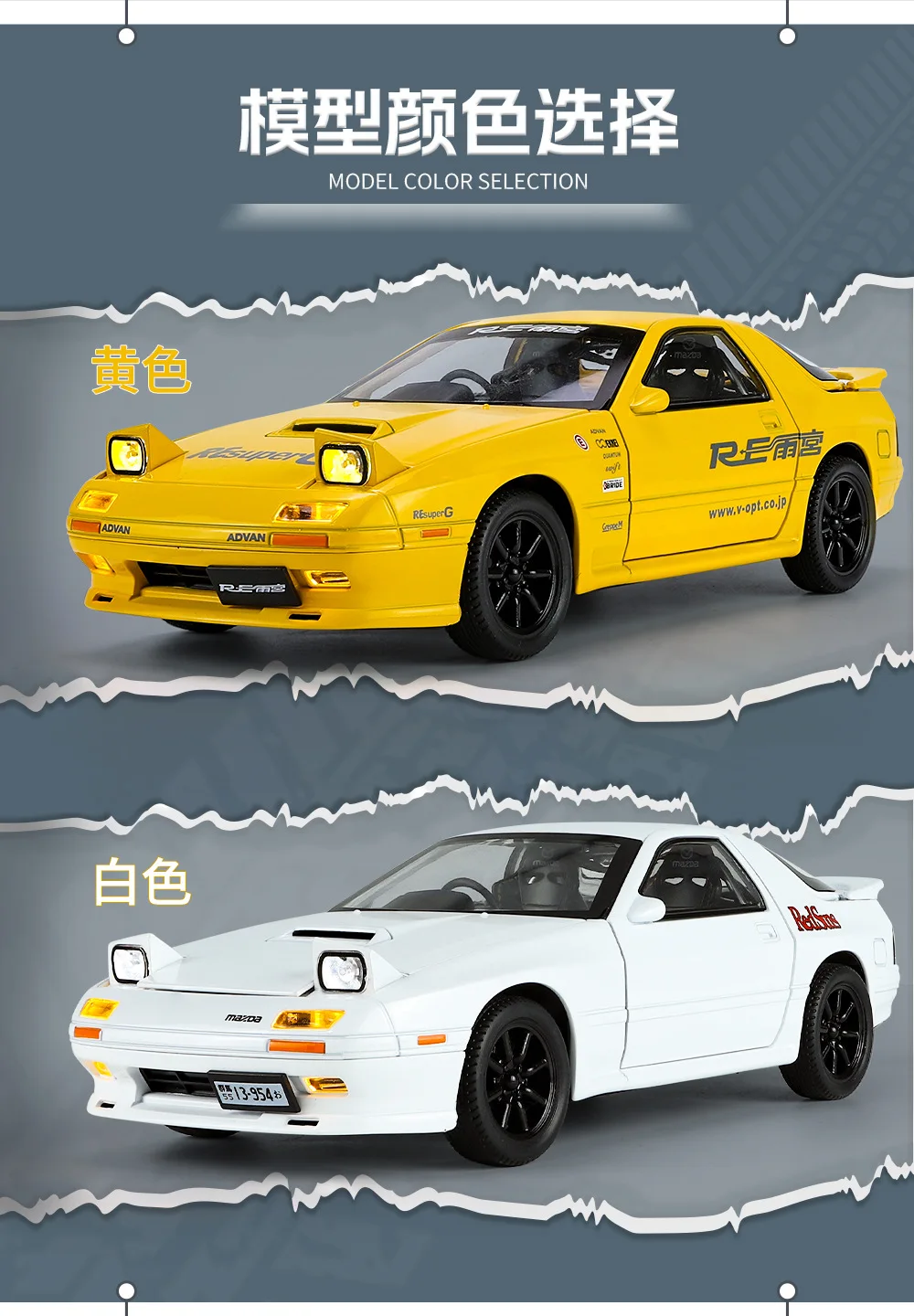 JDM 1:24 RX7 Initial D alliage moulé sous pression modèles de voiture jouet avec son lumière retirer enfants jouet voiture série affichage cadeau de vacances