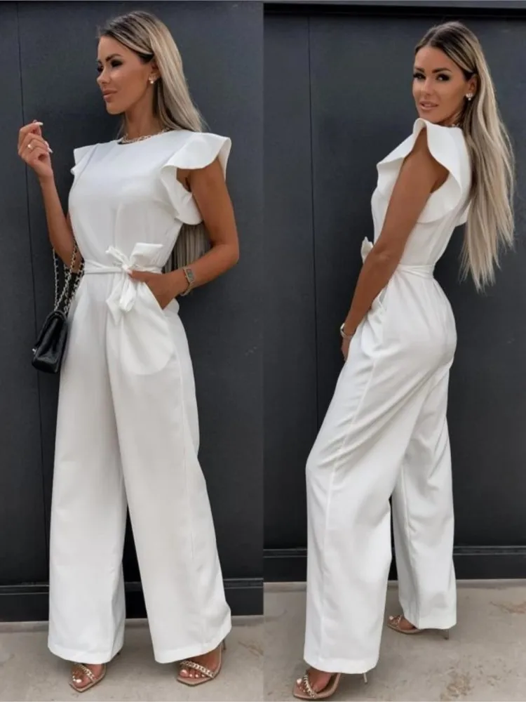 Temperament Jumpsuit Women Elegant Romper 2024 Summer Fashion Ruffles Sleeve Wide Leg Jumpsuits Vintage Streetwear Solid Overall