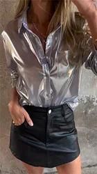 2024 Autumn Popular Women's Casual Velvet Leather Shimmer Fashion Turn-down Collar Button Shirt