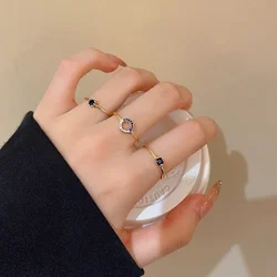 3pcs Exquisite Blue Geometric Crystal Rings Set for Women Charm Gold Color Stainless Steel Finger Bride Jewelry Gift Wholesale