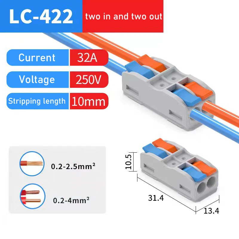 10Pcs Wire Conductor Connector Mini Lever‑Nut 2‑In‑2‑Out Fast Lighting Wire Cable Connector Terminal Block