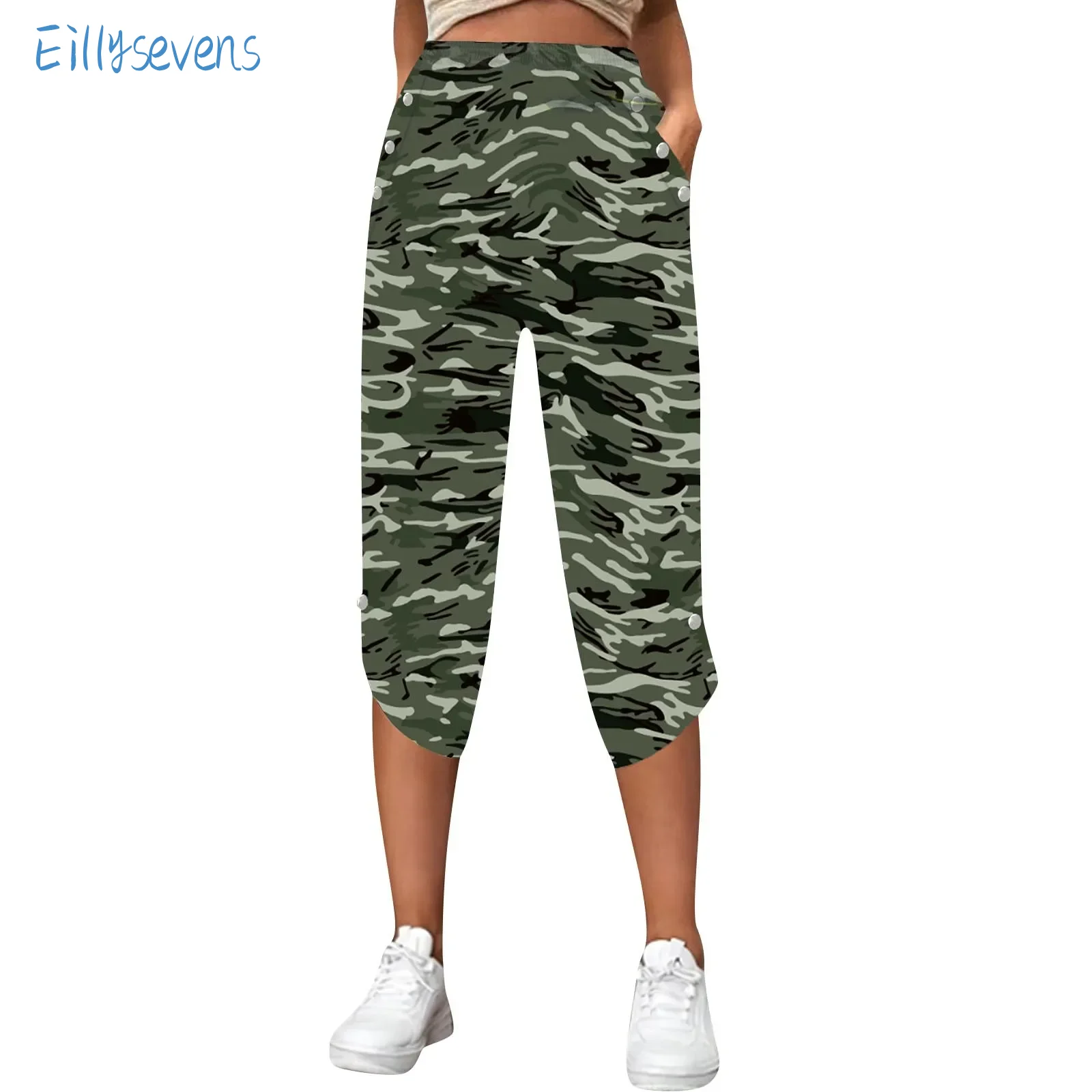 

Women Causal Capris With Pockets Elastic Hight Waist Straight Fitting Pants Summer Fashion Trend Camouflage Printed Capris Pants