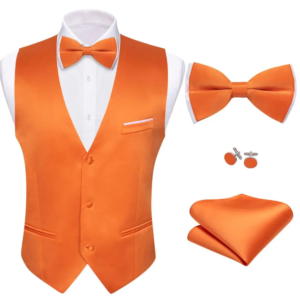 

Wedding Mens Vest Bowtie Set Silk Solid Plain Orange Waistcoat V Neck Male Sleeveless Jacket Formal Business Barry Wang