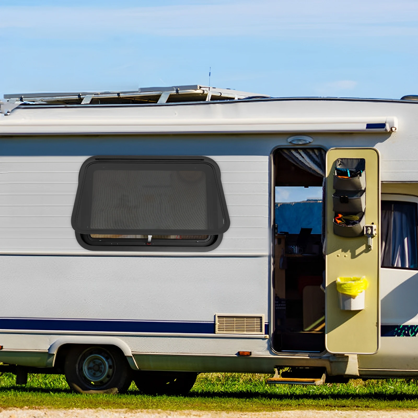 نافذة خروج الطوارئ RV مقاس 30 × 20 بوصة - 30-40 °   زاوية مفتوحة وشاشة وحلقة تقليم، للتخييم/المقطورة للهروب في حالات الطوارئ والتهوية