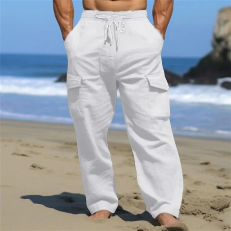 Men's Linen Cargo Pants Drawstring Multi-Pocket Straight Leg Solid Color Breathable Casual Outdoor Trousers