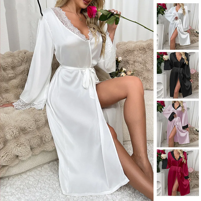 

Lace Trim V-Neck Satin Night Robe Elegant Long Sleeve Bathrobe With Belt Sexy Women Kimono Sleepwear