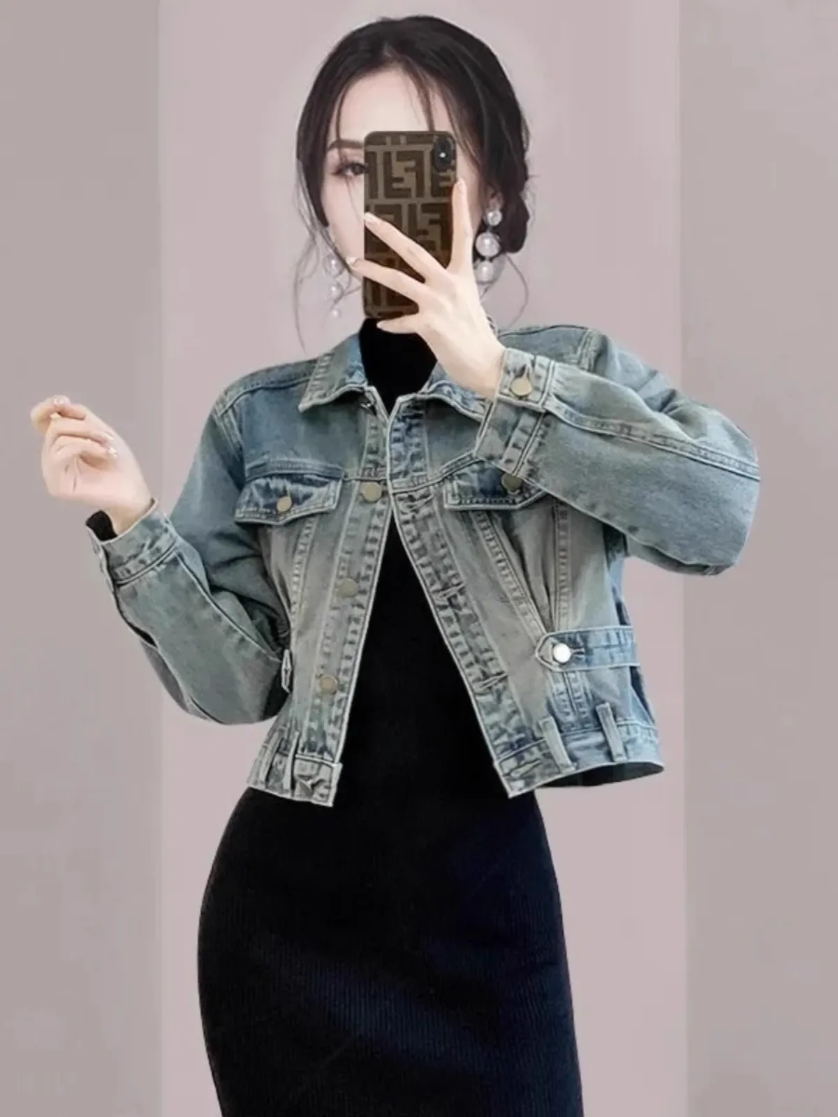 

Ретро джинсовая куртка для женщин с высокой талией, приталенная, на пуговицах, с эффектом утяжки талии, с длинными рукавами, модная осенняя верхняя одежда