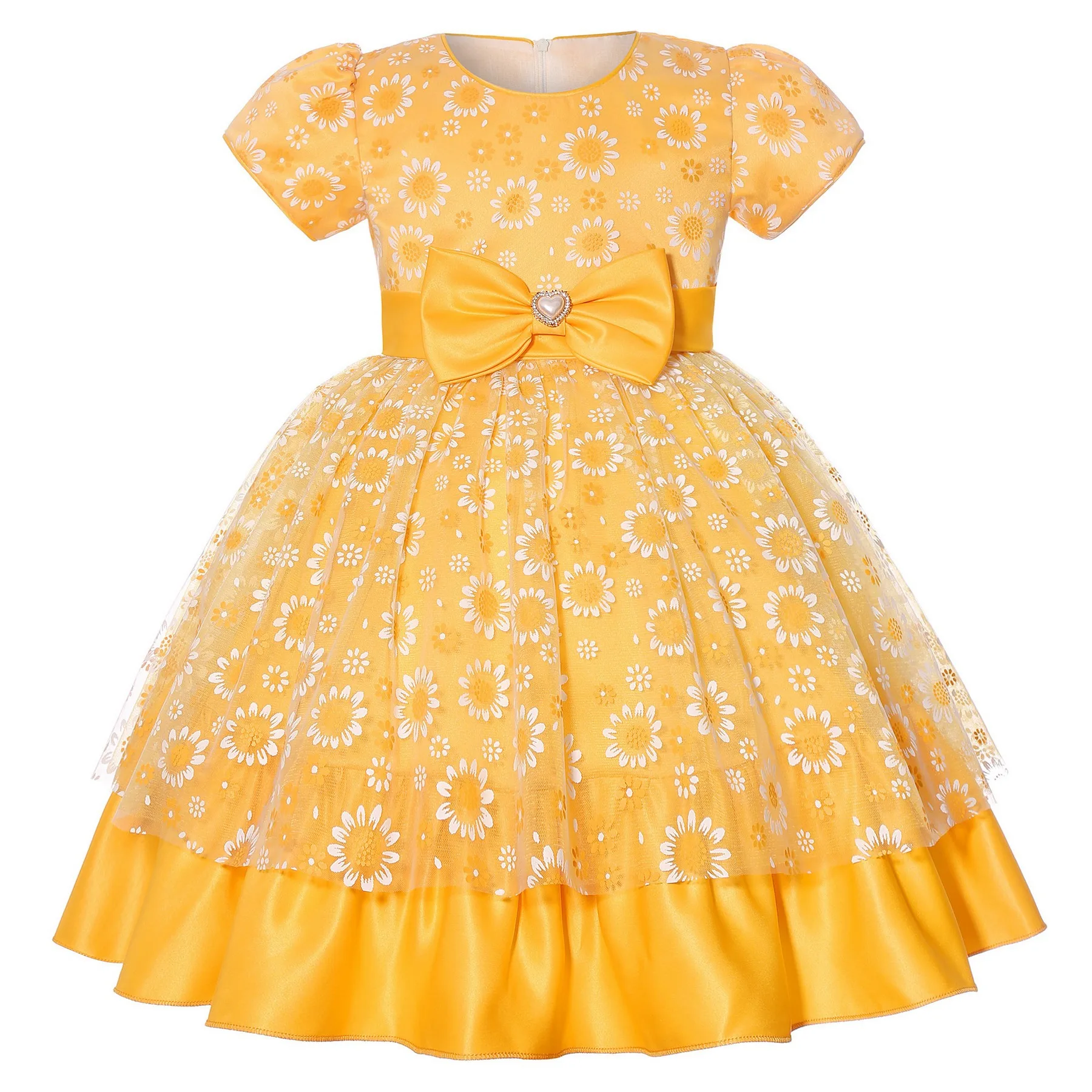 HETISO Sunflower Girl Dresses Heart Bowknot Kids Princess Lace Clothes Retro Cute Children Christmas Dress 6 8 10 Years