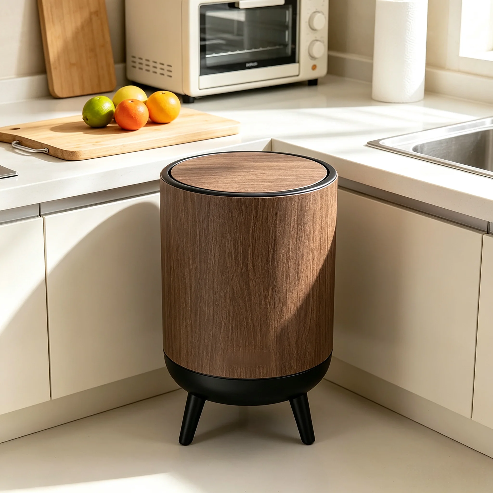 Flip‑Open Wood Grain Plastic Trash Can with Tripod Legs, Round Odor‑Proof Lidded Waste Bin, Detachable Inner Bucket Household Rubbish Bin for Bathroom, Bedroom, Entryway