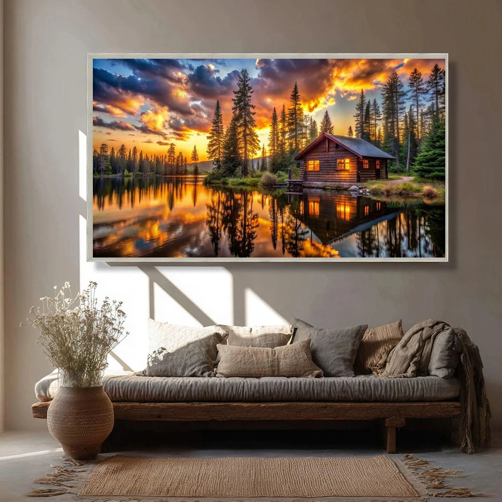 Golden Hour Reflection of a Cozy Cabin Nestled in a Tranquil Forest With a Sparkling Lake , Canvas Print Landscape Posters, Mode