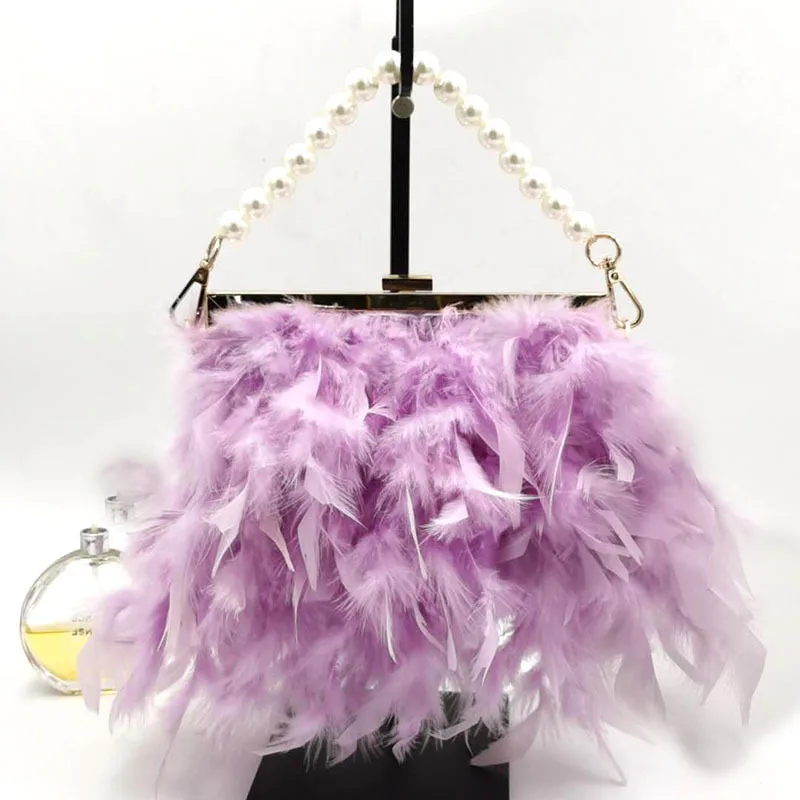 

Luxury Feather Decoration Clutch Bag Fashion Exquisite Pearl Chain Bag Light Purple Banquet Handbag For Women Evening Bag XA118H