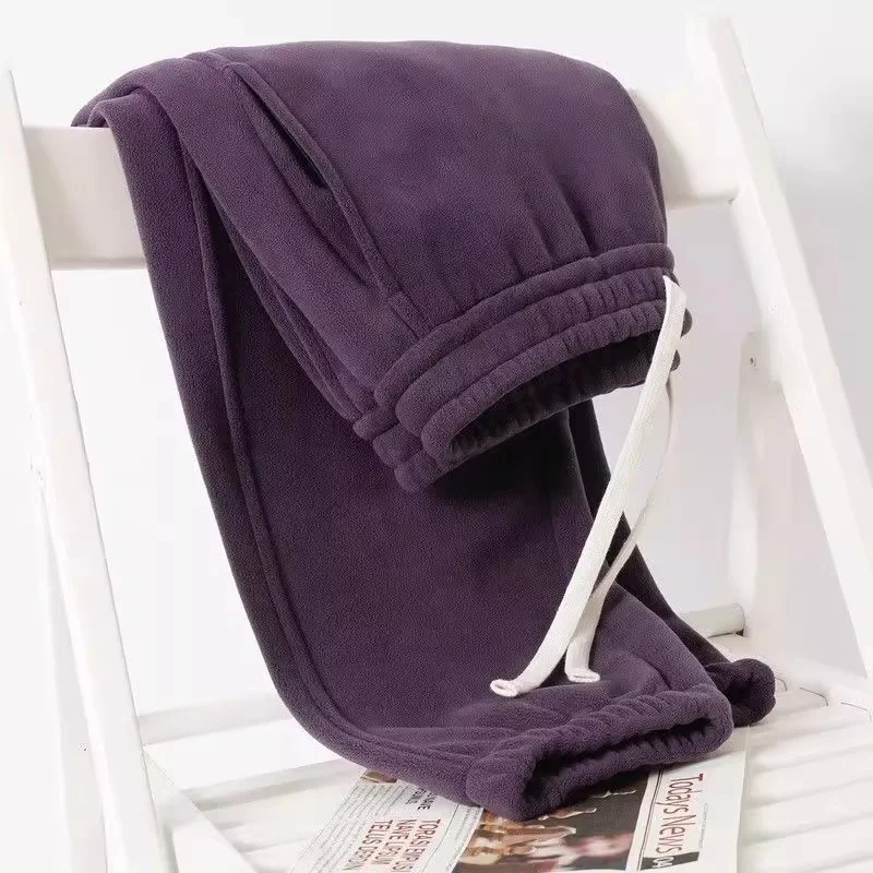 Fashionable Double-Sided Fleece Thickened Drawstring Cuffed Casual Pants Men's Grape Purple Women's Autumn Winter Leisure Tro...