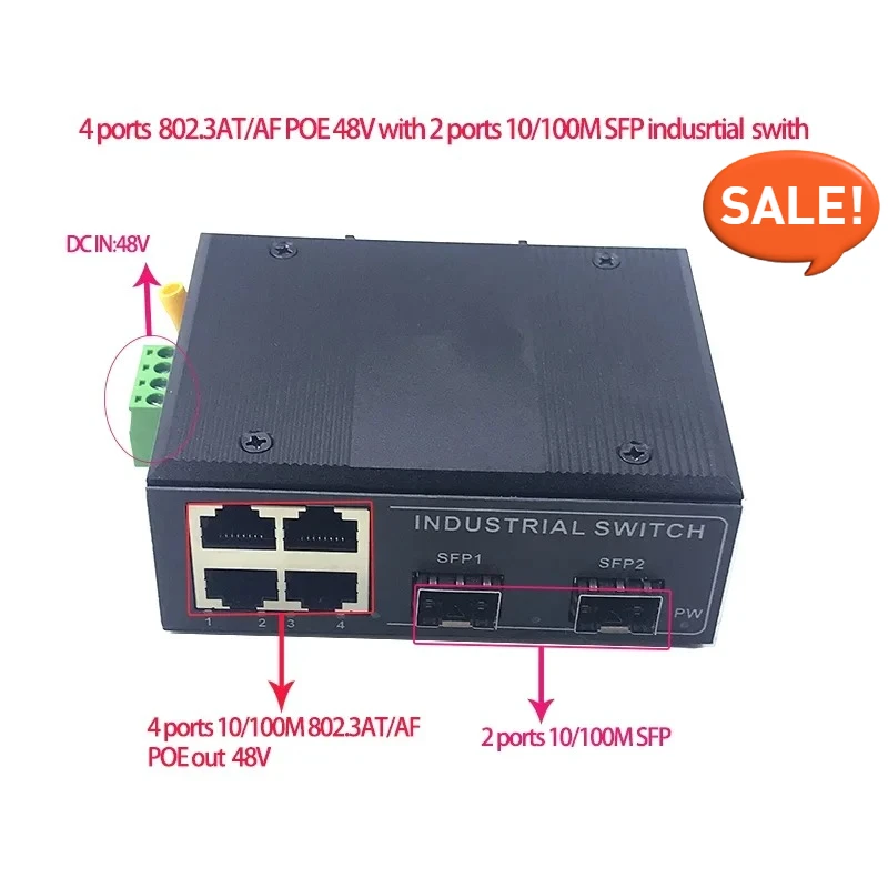 4 ports 10/100M 802.3at/af POE 48V with 2 ports10/100M SFP Ethernet industrial swith