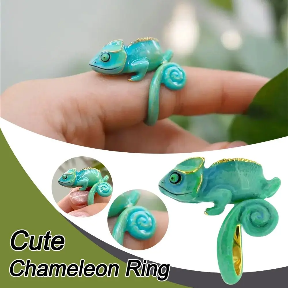 Bague caméléon mignonne de fête d'animaux, anneau ouvert en émail, accessoires de bijoux, anneaux de câlin en forme enveloppante, nouvelle collection