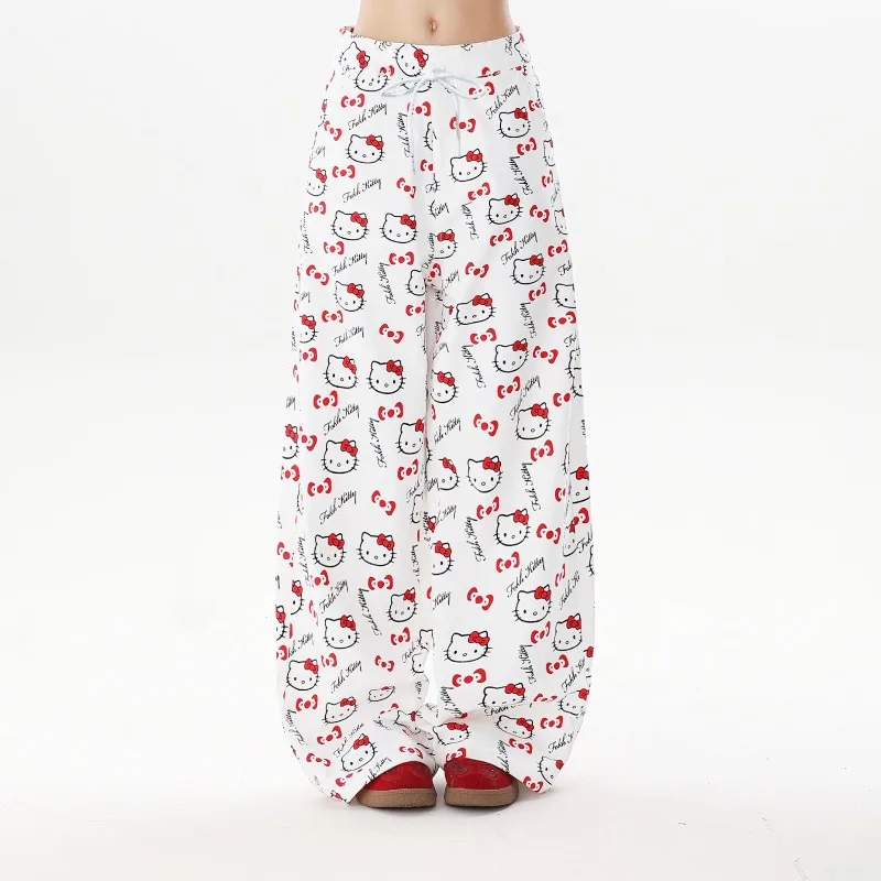 

White Cartoon Kitty Cat 3D Printed Pants for Women's Summer 2025 New Loose and Breathable Straight Leg Quick Drying Pants