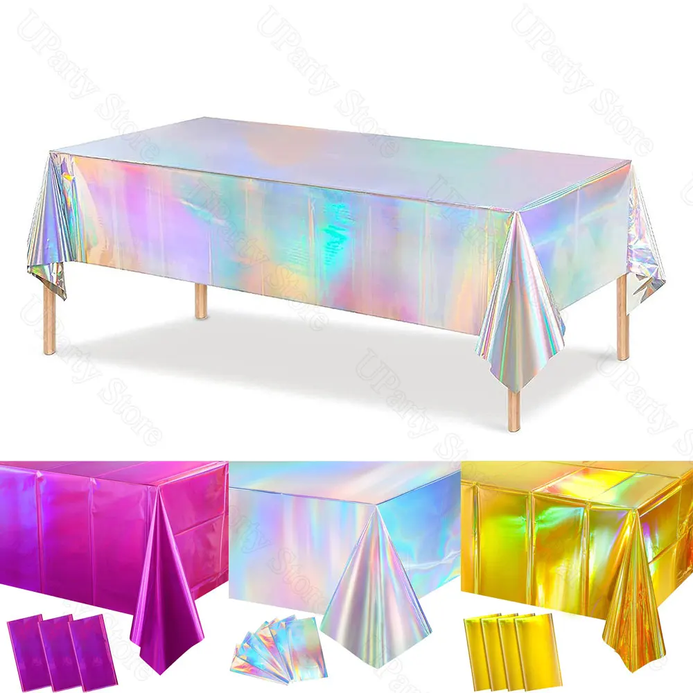 Iridescent Tableclothes Shiny Gold Hot Pink Laser Silver Disposable Holographic Table Cover for Christmas Birthday Party Decor