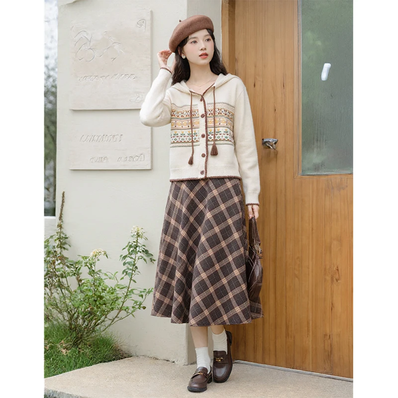 

Круглый вязаный свитер в стиле ретро, женская осенне-зимняя клетчатая юбка, комплект из двух предметов, дизайн Sensation Long Sve Top