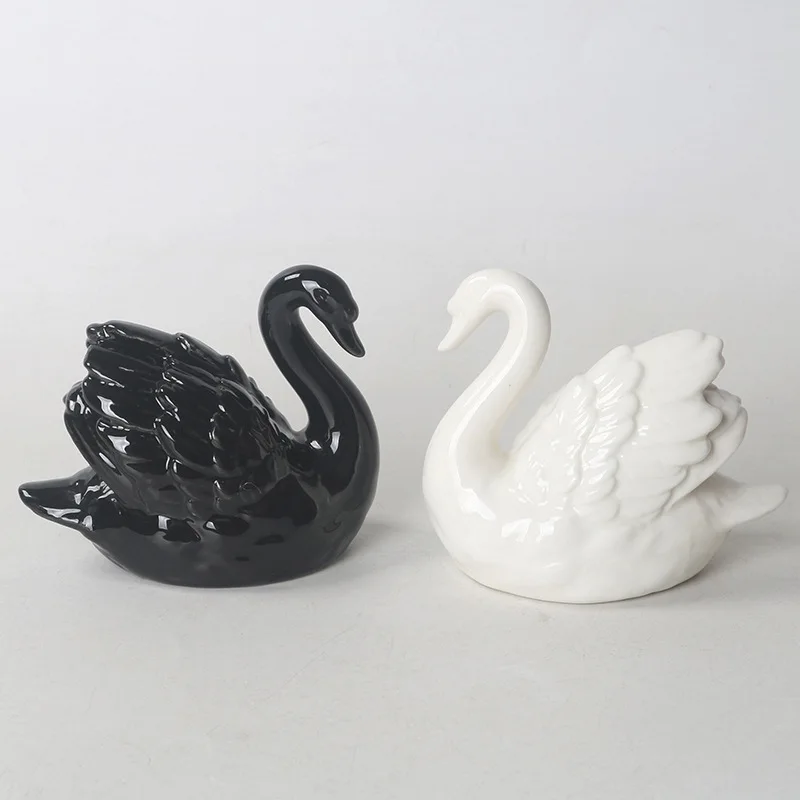 Modern simple black and white couple swan ceramic small ornament wedding gift, home wedding room decoration ceramic