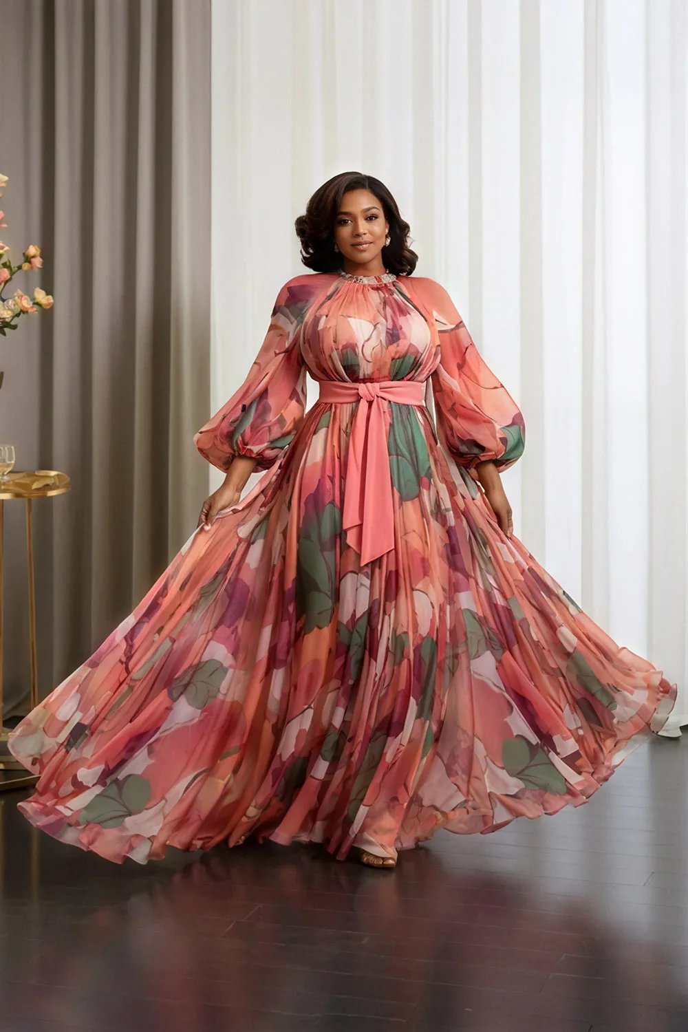 بالإضافة إلى حجم ضيف حفل زفاف متعدد الألوان الأزهار جولة الرقبة فانوس كم طويل الأكمام مطوي فساتين ماكسي الشيفون