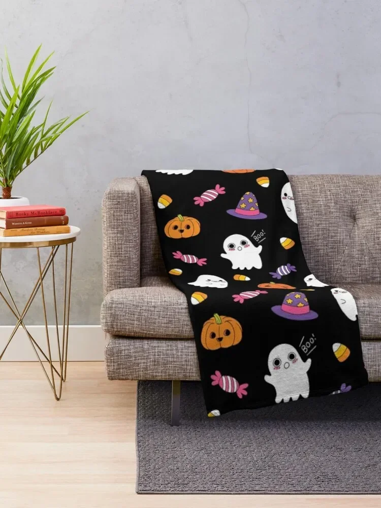 Cute Spoopy Ghosts and Halloween Candy Throw Blanket Thin Weighted Tourist Blankets